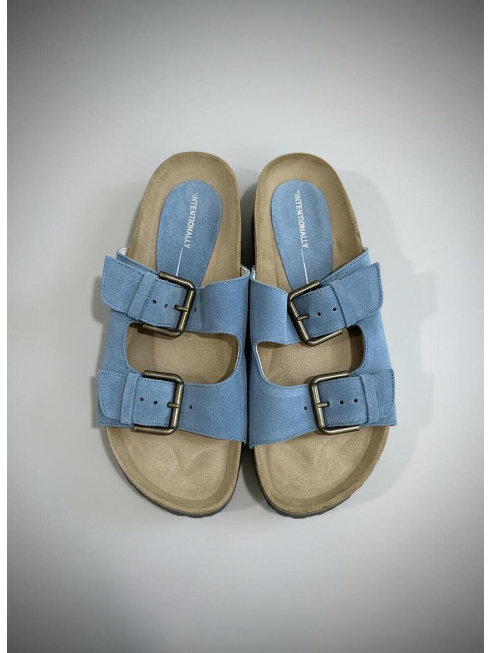 Intentionally Blank Blue Suede Buckle Platform Sandals